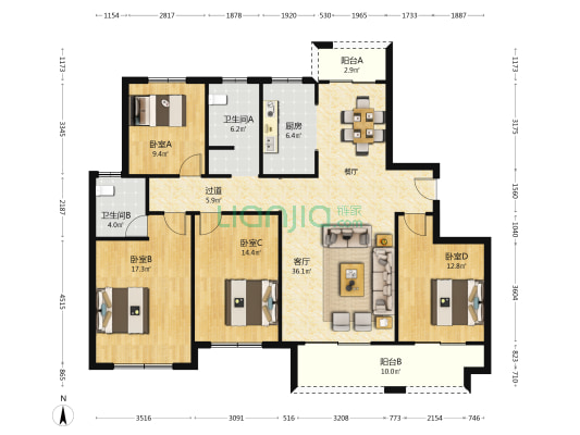 星联安郡南苑 4室1厅2卫 157平方