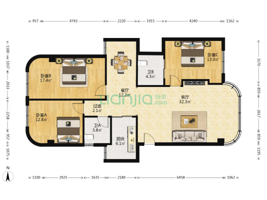 星海小区 3室2厅2卫 129平方
