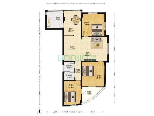 大良单家北区居委会 3室2厅2卫 100平方