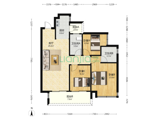 大都观云境 3室1厅2卫 97平方