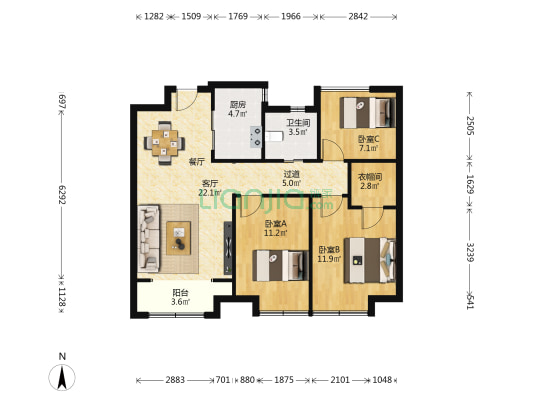 鑫苑世家公馆文雅苑 3室1厅1卫 91平方