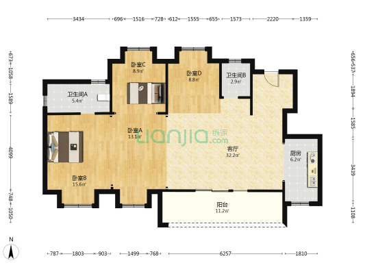中国中铁·金桥云境 4室1厅2卫 125平方