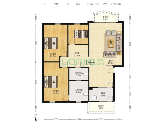 鸿福花园 3室1厅2卫 144平方