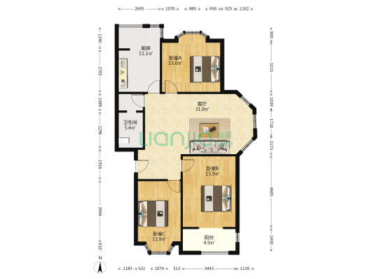 兴海园 3室1厅1卫 114平方