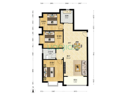 蓝光时代 3室1厅1卫 113平方