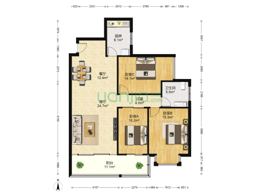德成南湖观邸 3室2厅1卫 115平方