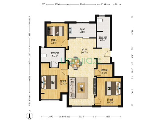 万科翡翠都会A区 3室1厅2卫 103平方