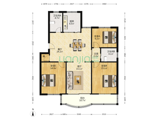 福乐园 3室2厅2卫 129平方