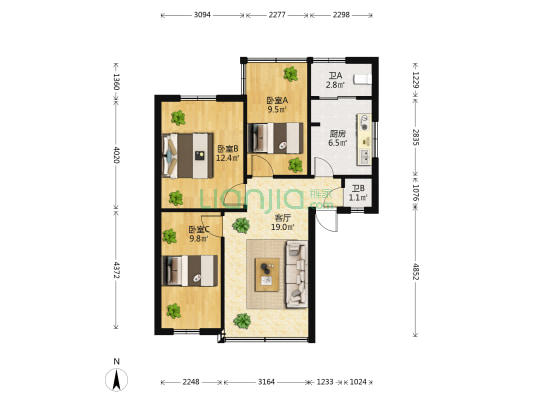 靖国新村77号院 3室1厅2卫 62平方