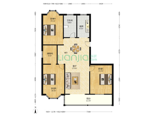 蓝天花苑 3室1厅1卫 131平方