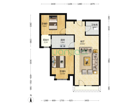 香邑溪谷，精装自住全阳两居室，中高楼层，视野开阔.-户型图