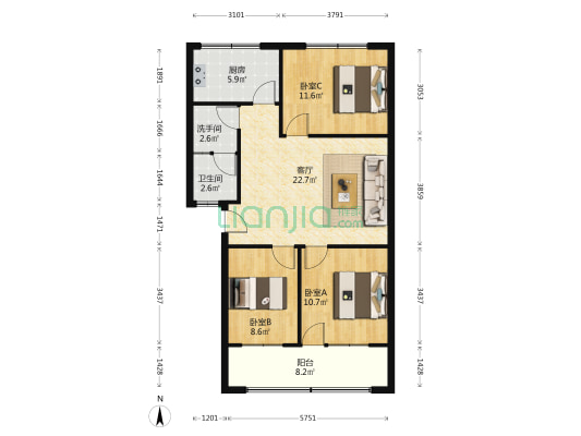 宏昌西区 3室1厅2卫 92平方