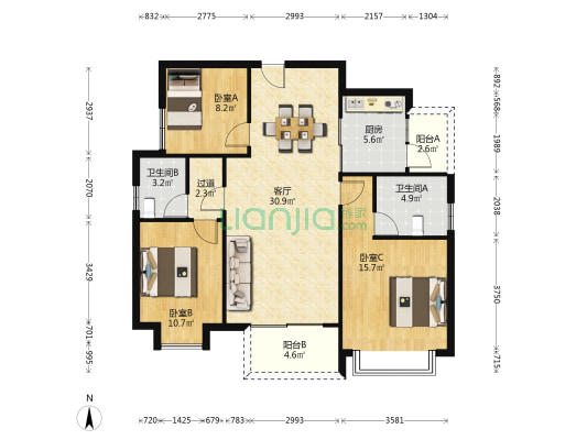 长沙平吉上苑 3室1厅2卫 121平方