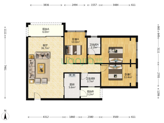 金洋嘉丽园 3室1厅2卫 108平方