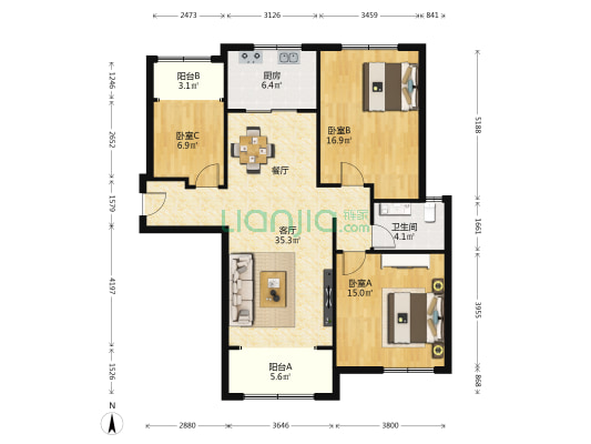 淄博碧桂园 3室1厅1卫 137平方