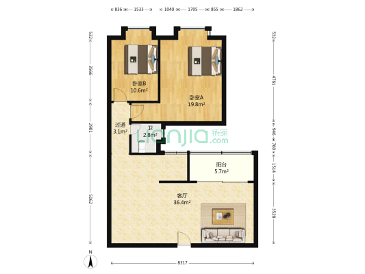 房建大厦 2室1厅1卫 102平方