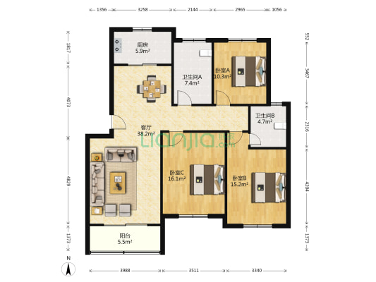 山湖嘉晖苑 3室1厅2卫 126平方