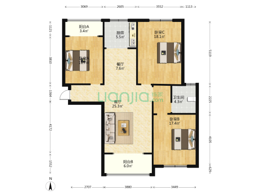博研府 3室2厅1卫 125平方