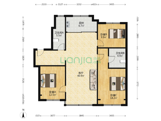 万科金域蓝湾 3室1厅2卫 126平方