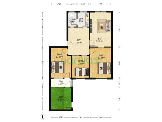 潍坊老卫校宿舍 3室2厅1卫 85平方