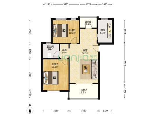 原筑北区 2室1厅1卫 89平方