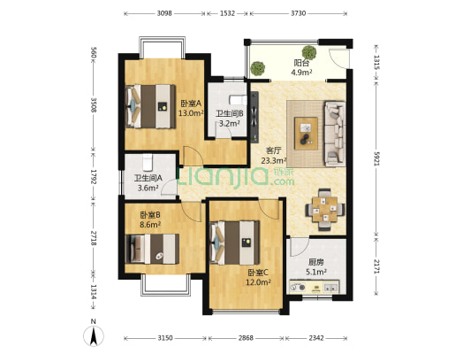 中南锦绣花园 3室1厅2卫 89平方