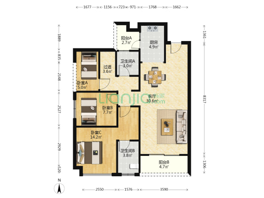 新城明昱东方一期B区 3室1厅2卫 104平方