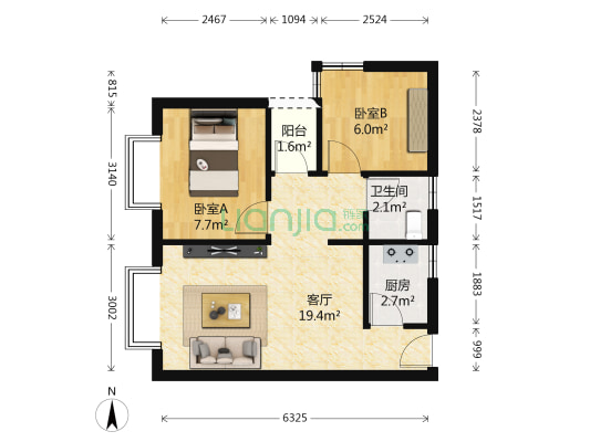 红树家邻 2室1厅1卫 52平方