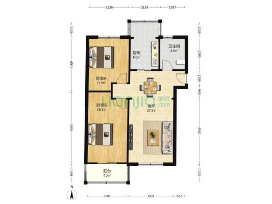 电信局家属院（九州中路） 2室1厅1卫 68平方