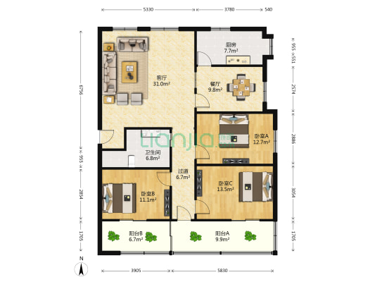 永叔路66号 3室2厅1卫 136平方