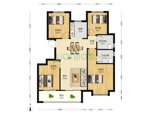 万家花城庆和苑 4室1厅2卫 117平方