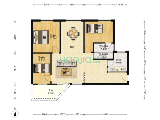 青湾花园 3室1厅2卫 102平方