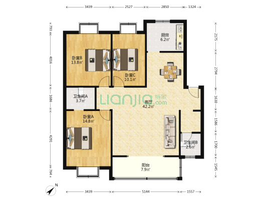 弯庄新村安置小区 3室1厅2卫 120平方