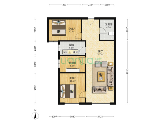 房本满两年，精装自住标准，采光无遮挡-户型图