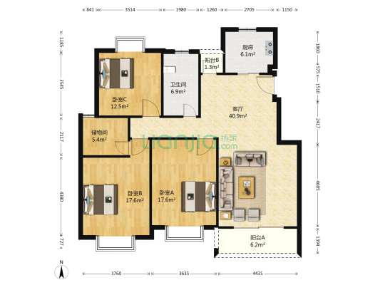 湖景花园 3室1厅1卫 136平方