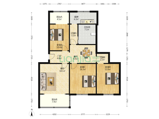银杏公寓(青羊) 3室2厅1卫 127平方