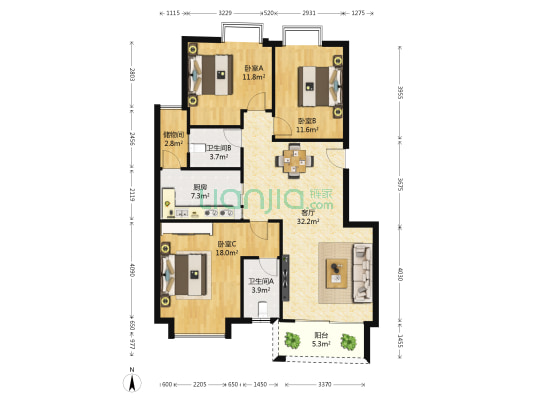 南宁奥园卡萨布兰卡组团 3室1厅2卫 119平方
