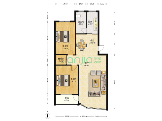 金凤花园 2室2厅1卫 107平方