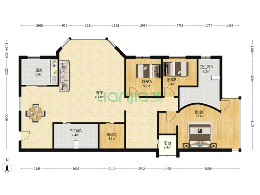 嘉盛锦园 3室1厅2卫 171平方