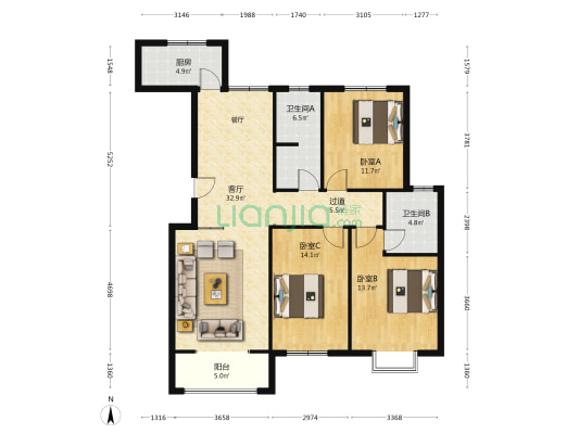 学府佳苑 3室1厅2卫 139平方
