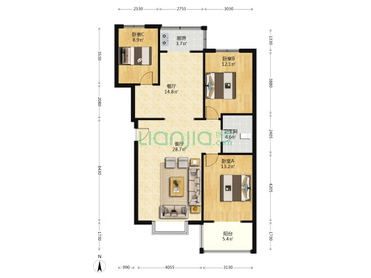 蓝天美林湾，满北通透三居，电梯洋房，一梯两户，急售-户型图