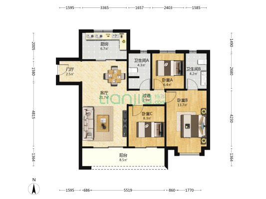 万科未来时光 3室1厅2卫 108平方