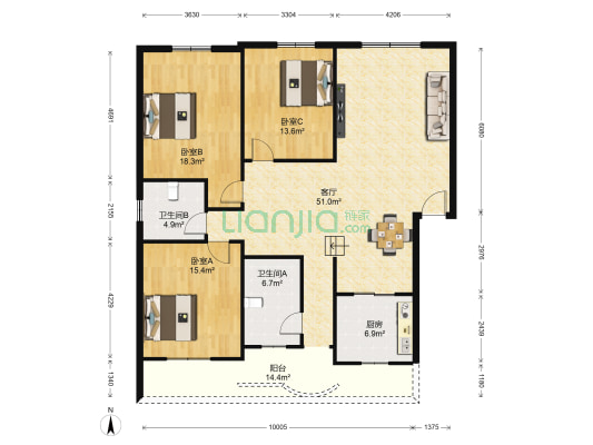 环湖西路86号 3室1厅2卫 131平方