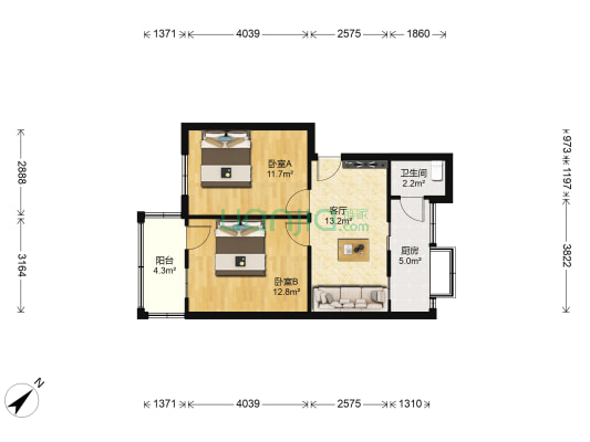 铁路分局二院住宅二区 2室1厅1卫 53平方