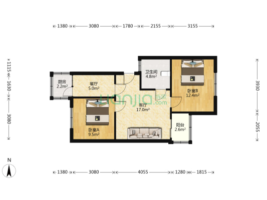 ：粮食局东关  南北户型，近三义近双塔，交通便捷-户型图