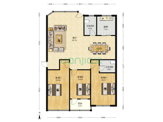 同文花园 3室1厅2卫 149平方