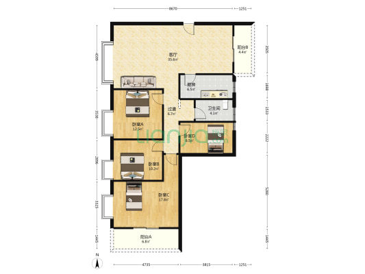 汇美农商行宿舍 4室1厅1卫 135平方