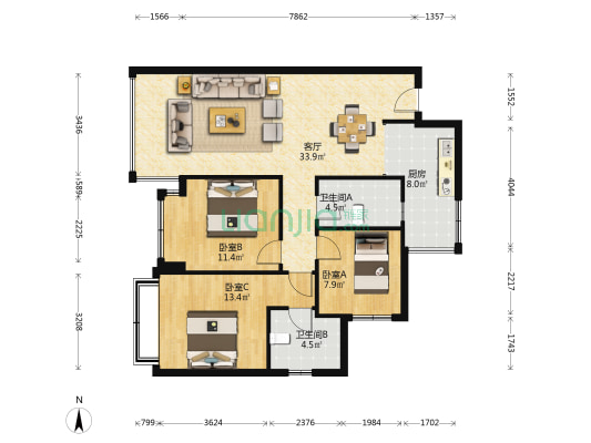 领地悦府 3室1厅2卫 106平方