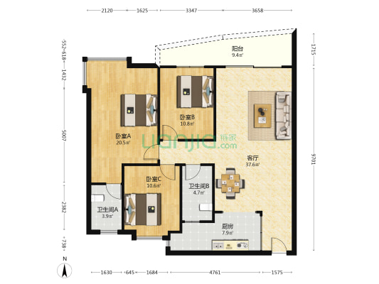 兴进上城 3室1厅2卫 118平方
