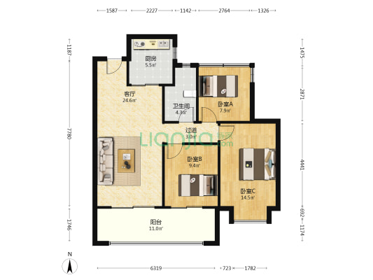 龙湖天玺北区 3室1厅1卫 112平方